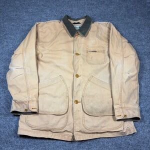 Vintage L.L. Bean Coat Men's L Tan Canvas Plaid Lined Corduroy Collar Chore Barn